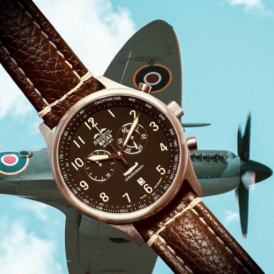 Spitfire R6753 Tribute watch with stainless steel case, black dial, and brown leather strap