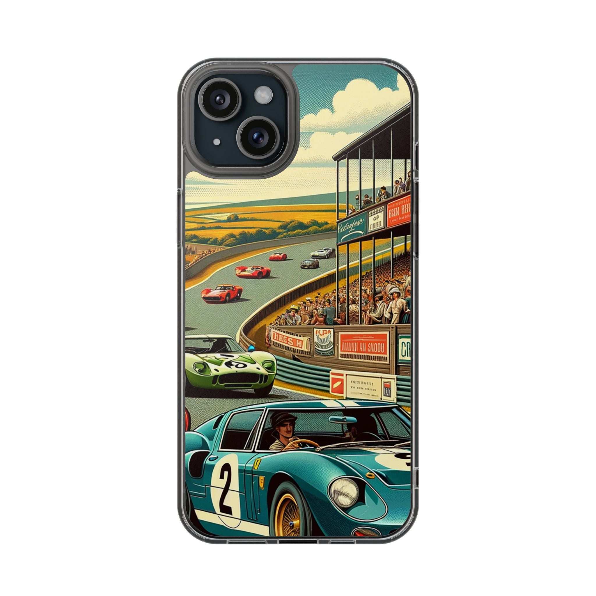 Clear Vintage Grand Prix phone case with retro racetrack and classic car design, impact-resistant with MagSafe compatibility