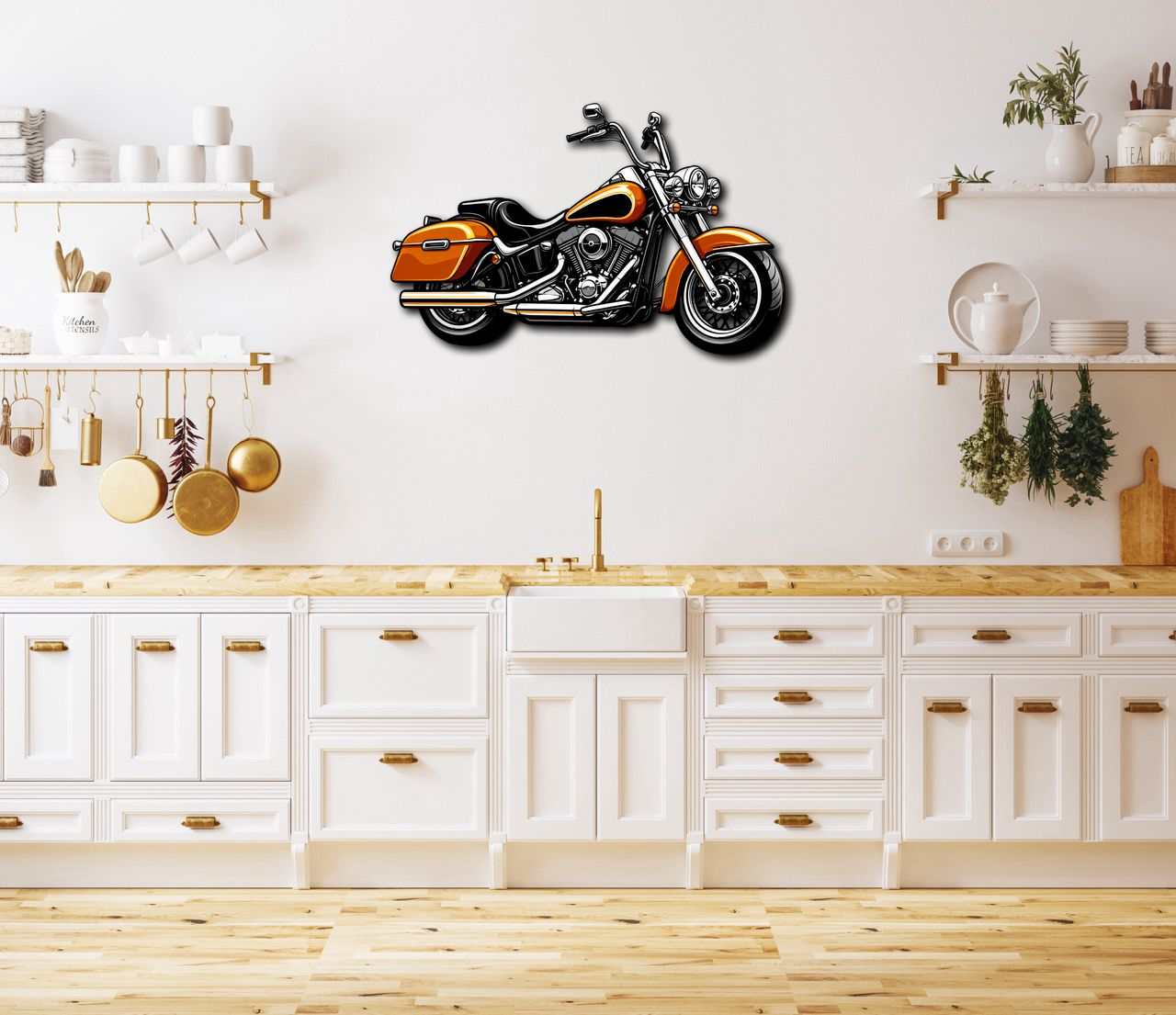 Motorcycle metal wall art mounted in a modern white kitchen with orange and black bike design, durable outdoor indoor decor