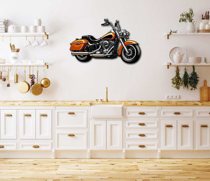 Motorcycle metal wall art mounted in a modern white kitchen with orange and black bike design, durable outdoor indoor decor
