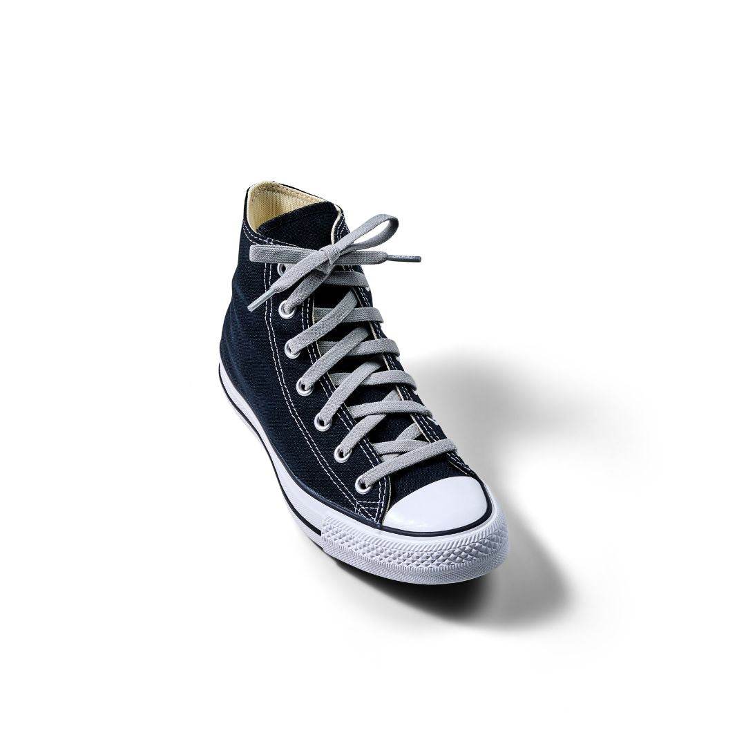 Vulture Gray stretchy Bread Laces secured with one tie for easy slip-on shoes
