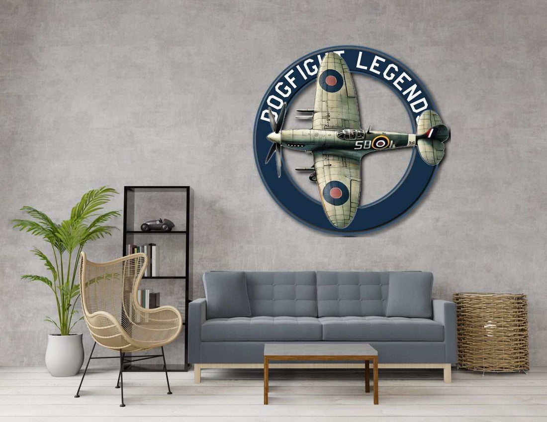 Multicolor metal sign featuring a Spitfire plane with "Dogfight Legend" text, indoor outdoor wall decor