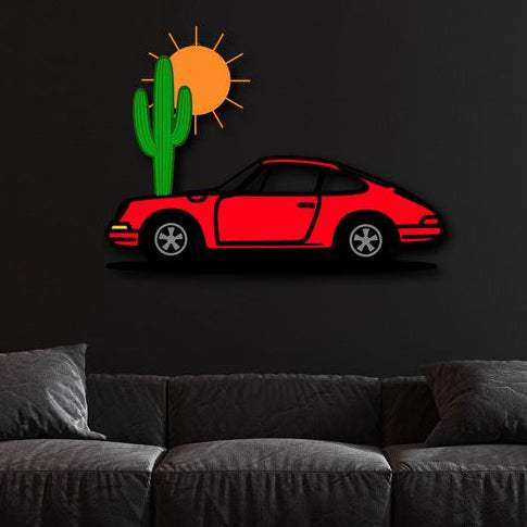 Desert sunset sports car metal wall sign with cactus and sun for indoor and outdoor decor