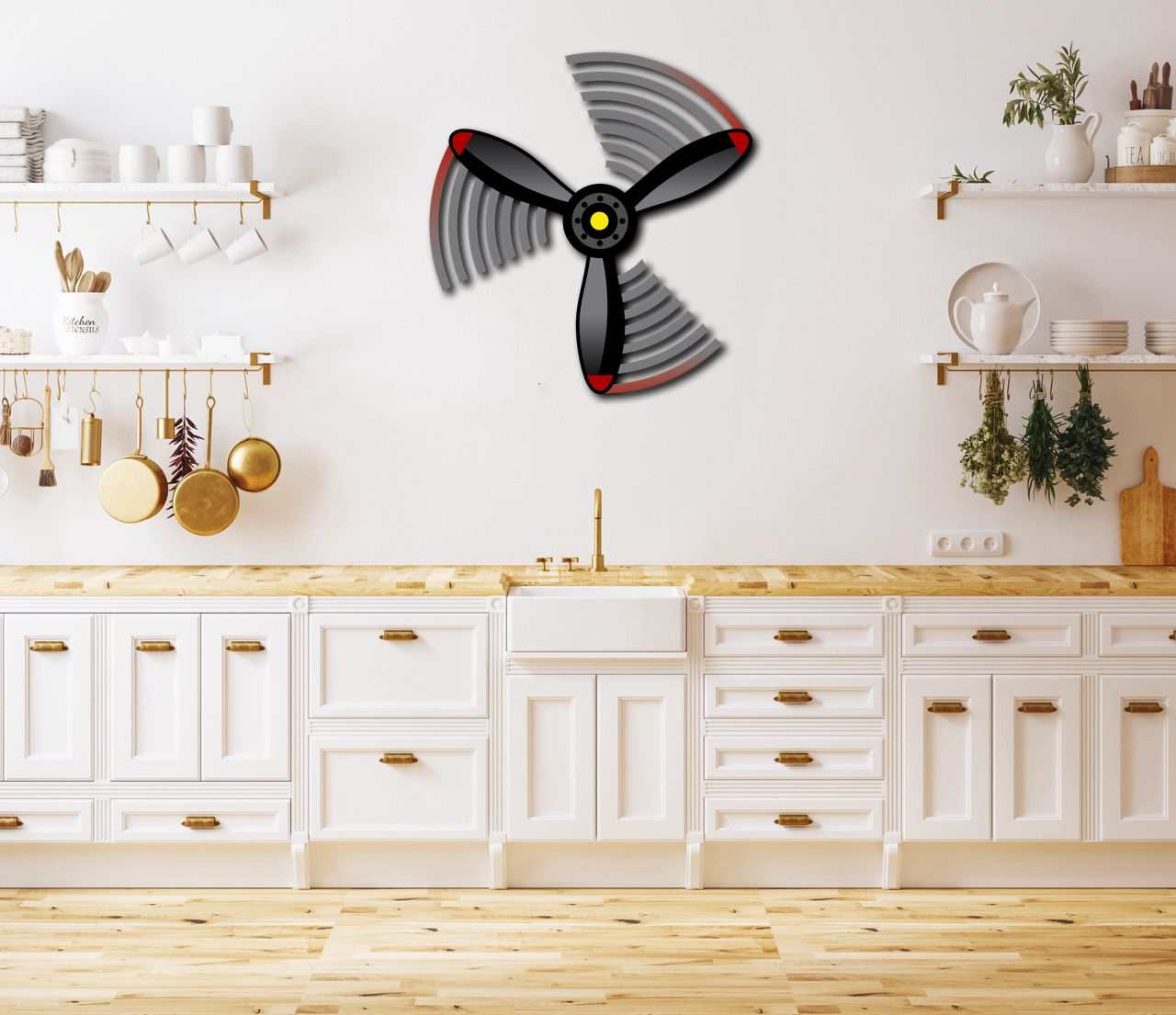 Multicolor metal sign propeller spin wall art in modern kitchen setting