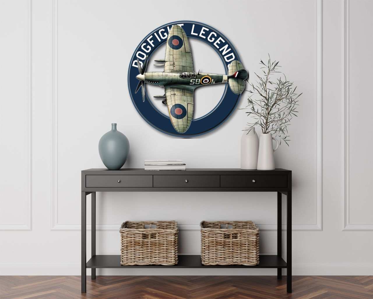 Multicolor metal sign featuring a Spitfire airplane design with "Dogfight Legend" text, durable 16-gauge steel wall art for indoor and outdoor decor.