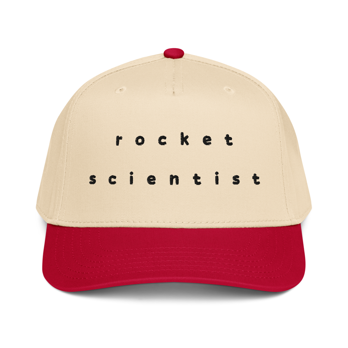 Rocket Scientist Aviation Hat featuring bold text design on a beige and red 5 panel cap.