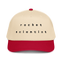 Rocket Scientist Aviation Hat featuring bold text design on a beige and red 5 panel cap.