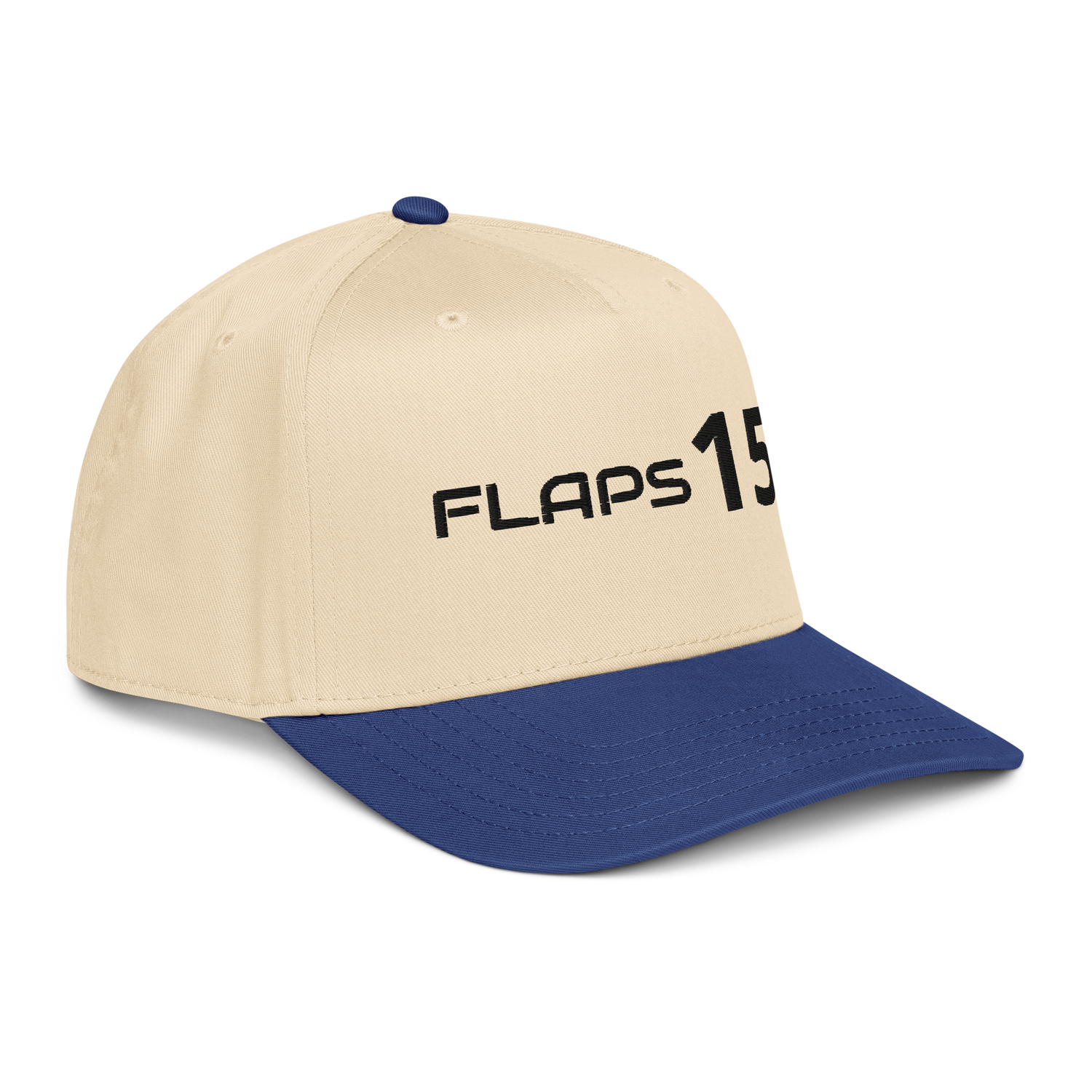 5 panel aviation hat in beige and navy with FLAPS 15 design, showcasing structured front and adjustable fit.