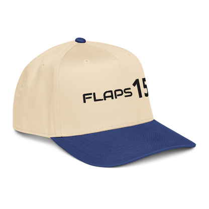 5 panel aviation hat in beige and navy with FLAPS 15 design, showcasing structured front and adjustable fit.