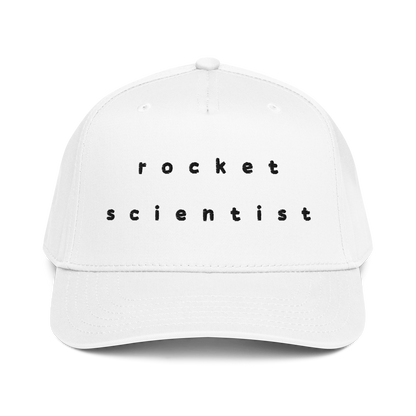 Rocket Scientist Aviation Hat with unique typography design on a white cap.