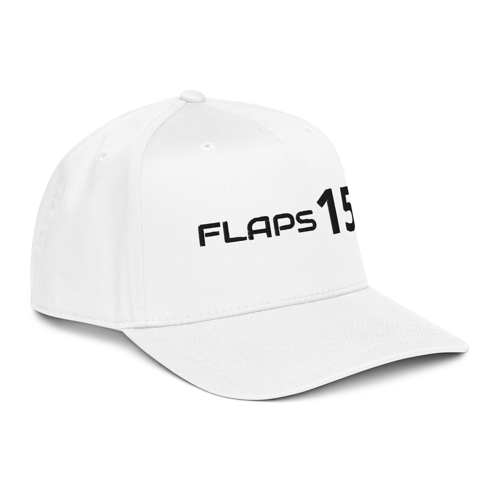 5 panel aviation hat with white design and FLAPS 15 text on the front, showcasing a classic style.