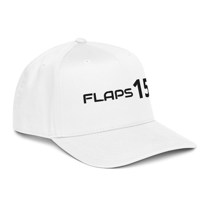 5 panel aviation hat with white design and FLAPS 15 text on the front, showcasing a classic style.