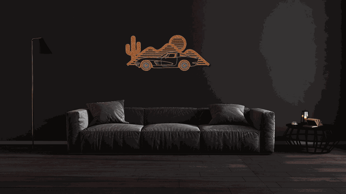 Corvette silhouette wall art metal sign in multiple sizes and finishes for automotive decor