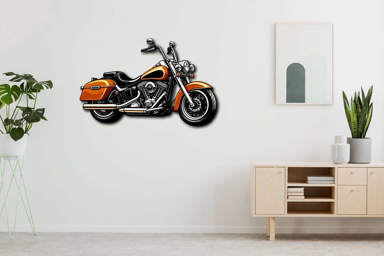 Orange and black motorcycle metal wall art decoration on white wall in modern room