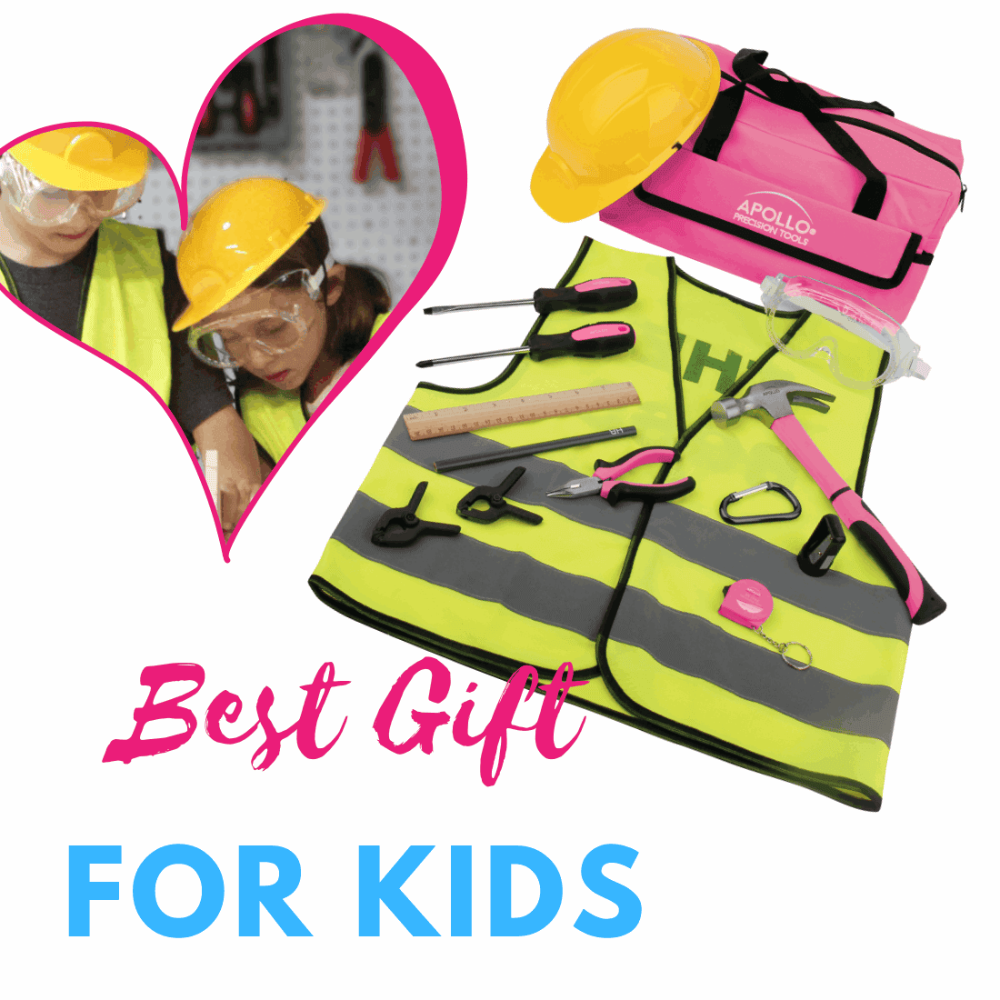 14 Piece My First Tool Kit Educational Tool Set with Pink Tool Bag, Real Pink Tools, and Safety Gear --DT4936P - Prop and Piston