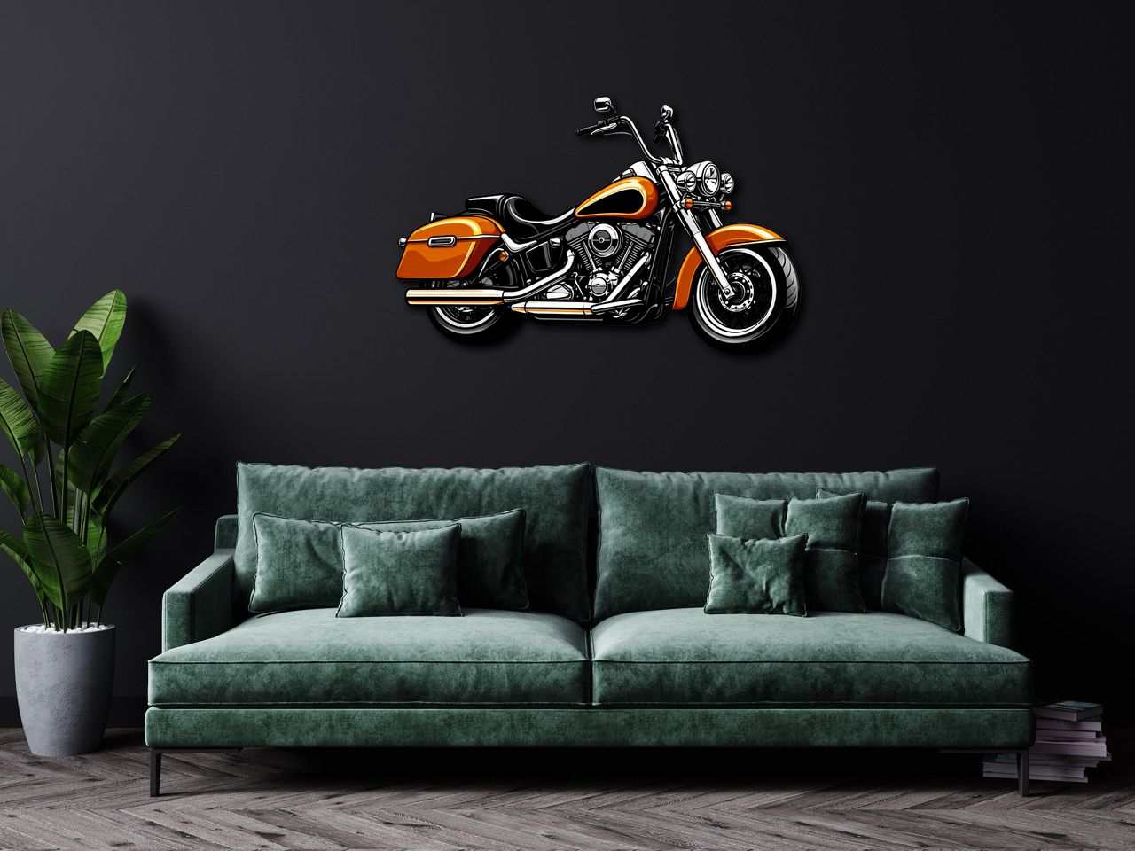 Colorful motorcycle metal wall art mounted on dark wall above green velvet sofa in modern living room
