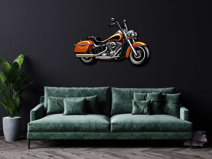 Colorful motorcycle metal wall art mounted on dark wall above green velvet sofa in modern living room
