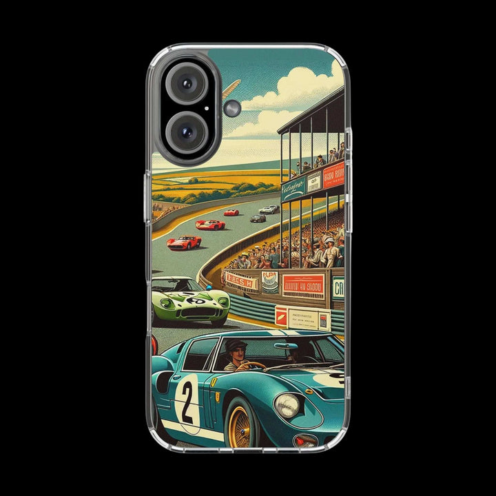 Clear Vintage Grand Prix phone case with retro racing cars and racetrack design, impact-resistant and MagSafe compatible