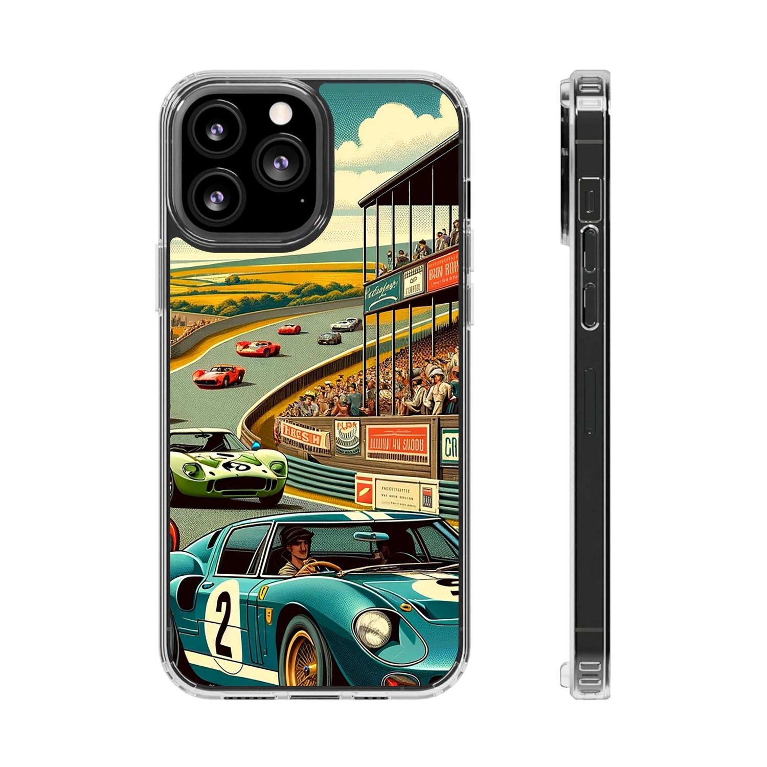 Clear Vintage Grand Prix phone case with retro racetrack and classic car design on slim impact-resistant shell