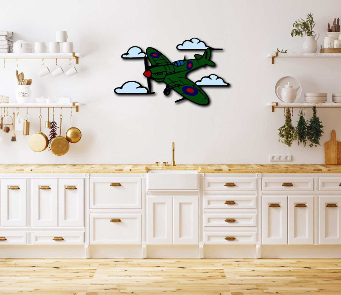 Multicolor Metal Sign Spitfire airplane with clouds wall art in modern kitchen