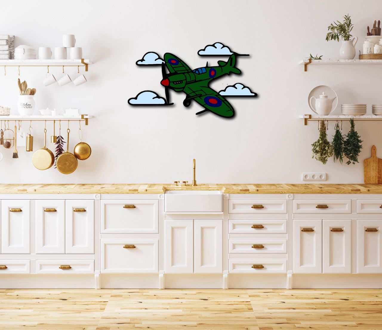 Multicolor Metal Sign Spitfire airplane with clouds wall art in modern kitchen
