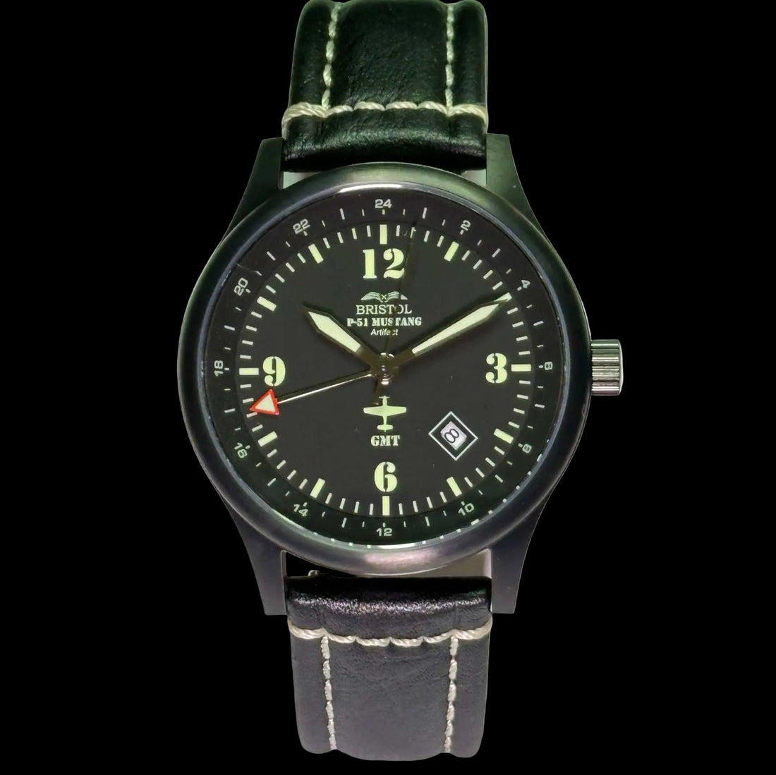 P-51 Mustang tribute watch with black dial, black leather band, Swiss quartz GMT movement, and scratch-resistant sapphire crystal.