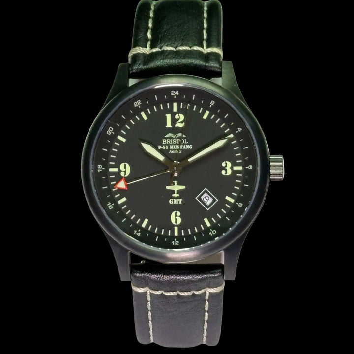 P-51 Mustang tribute watch with black dial, black leather band, Swiss quartz GMT movement, and scratch-resistant sapphire crystal.