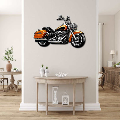 Orange and black motorcycle metal wall art mounted on indoor beige wall above wooden console table with decorative items