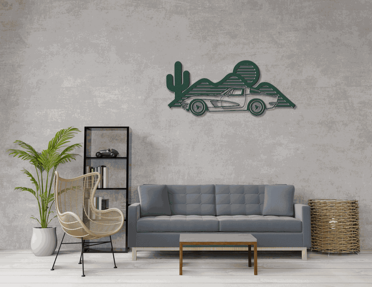 Laser-cut Corvette silhouette wall art in powder-coated steel, perfect for garages and man caves