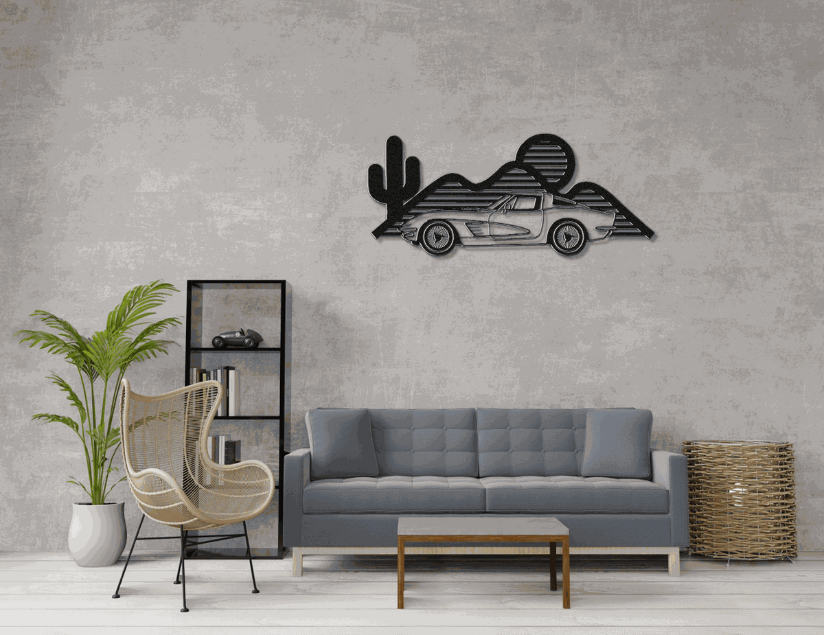 Corvette silhouette wall art laser-cut in powder-coated steel with multiple sizes and colors for garage or man cave decor