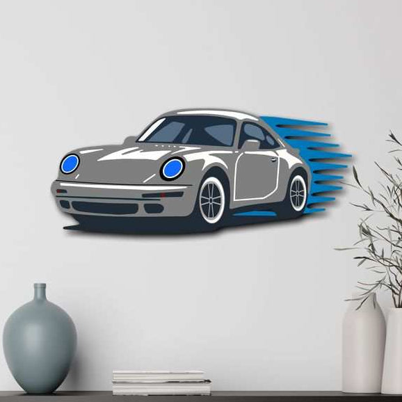 Garage wall decor steel art featuring a multicolor heavy-duty steel performance coupe silhouette for indoor and outdoor display