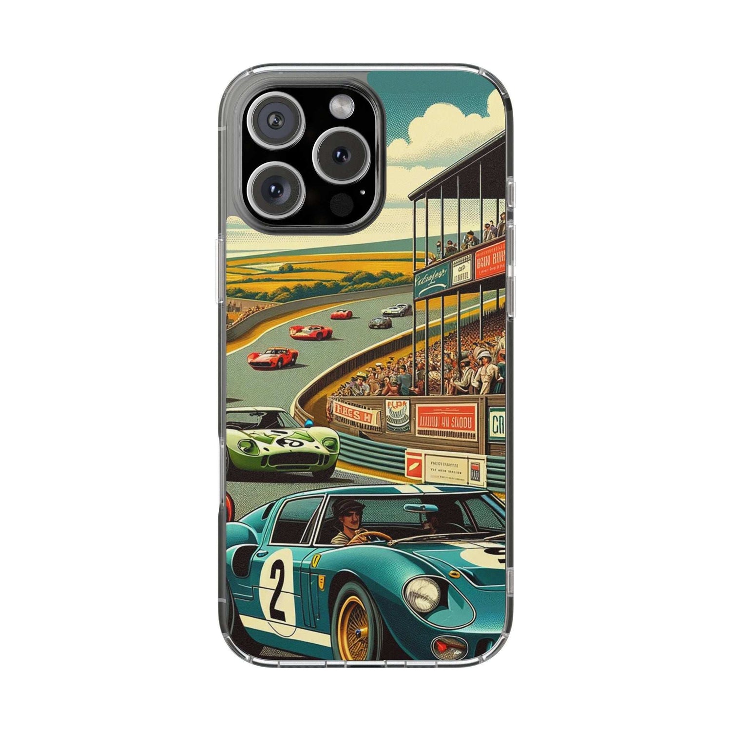 Clear Vintage Grand Prix phone case with retro race car and racetrack design