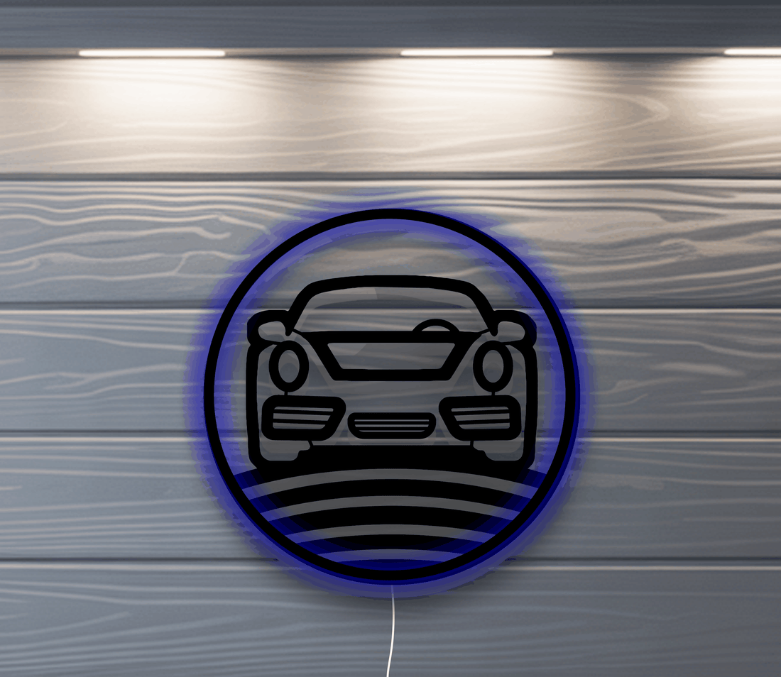 Nine Eleven metal wall art Front View Metal Wall Art – Die‑Cut German Sports Car‑Style Silhouette with LED Backlight