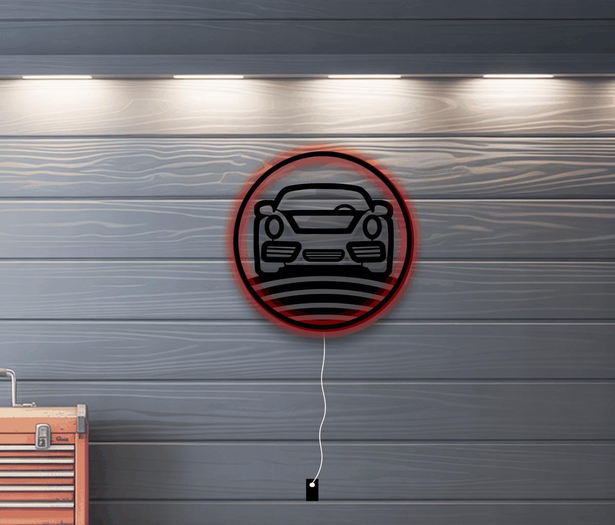 Nine Eleven metal wall art with LED backlight featuring Porsche 911 front design mounted on a wall