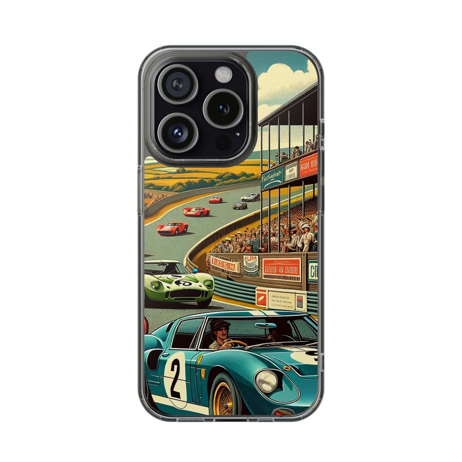 Clear Vintage Grand Prix phone case with retro racetrack and classic car design, impact-resistant with MagSafe compatibility