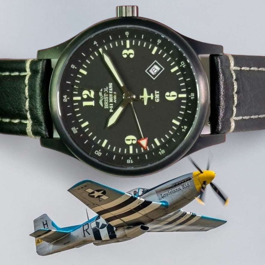 Black P-51 Mustang tribute watch with black leather band and GMT function