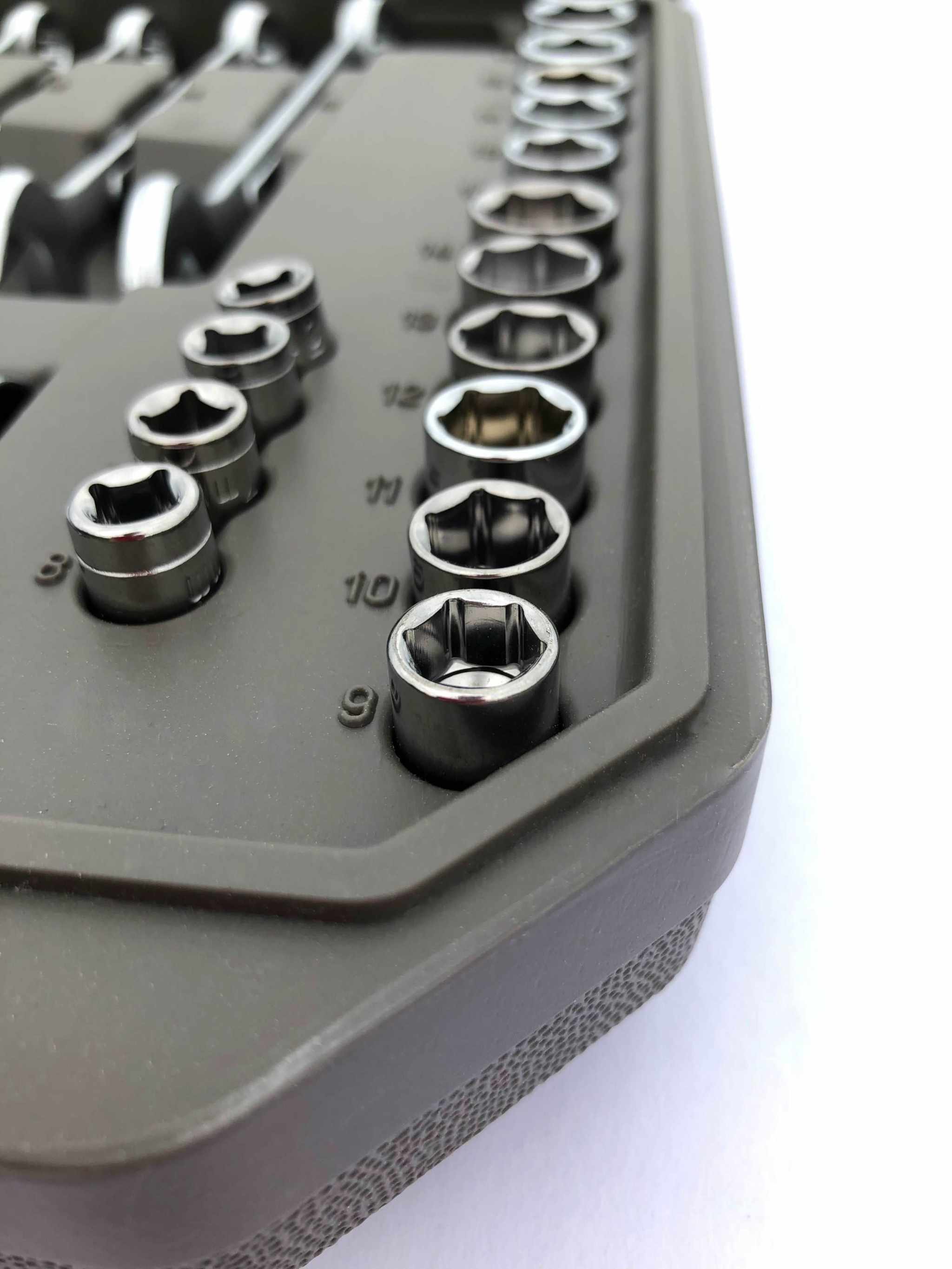 Close-up of socket tools organized in a compact mechanics tool set case