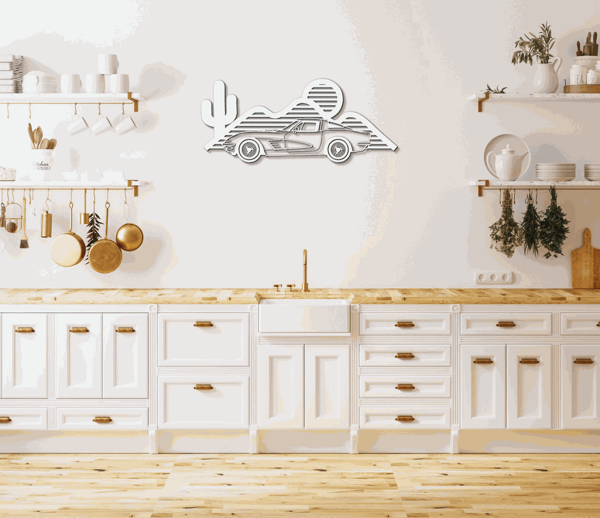 Corvette silhouette wall art metal sign in powder-coated steel with customizable sizes and colors for automotive decor