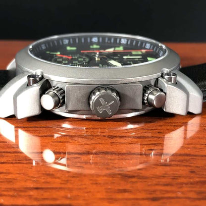 A-10 Thunderbolt tribute watch with gunmetal stainless steel case and black leather band