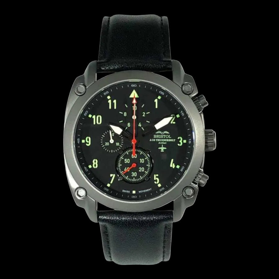 A-10 Thunderbolt tribute watch with gunmetal stainless steel case, black leather band, and precision Swiss chronograph movement
