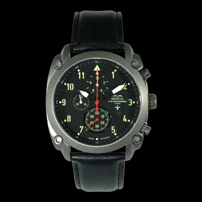 A-10 Thunderbolt tribute watch with gunmetal stainless steel case, black leather band, and precision Swiss chronograph movement