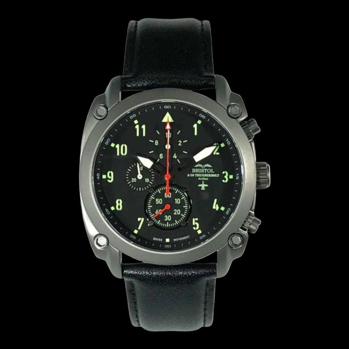 A-10 Thunderbolt tribute watch with gunmetal stainless steel case, black leather band, and precision Swiss chronograph movement