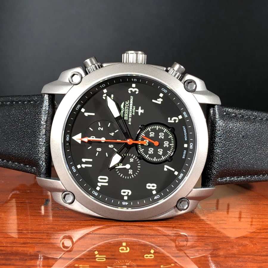 A-10 Thunderbolt tribute watch with gunmetal stainless steel case and black leather band
