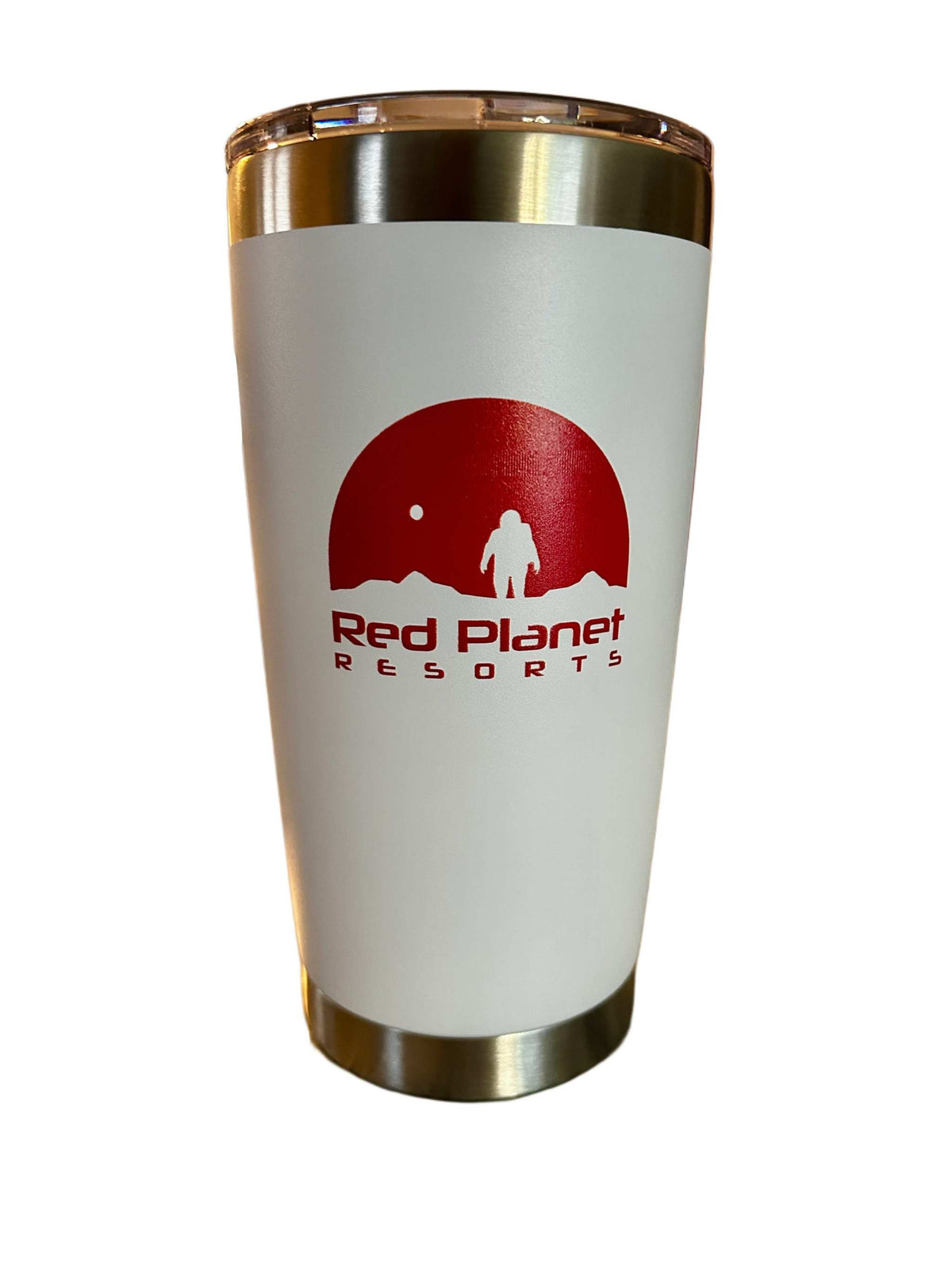 White stainless steel Rocket Propellant Tumbler with rocket hazard design on one side and Red Planet Resorts logo on the other