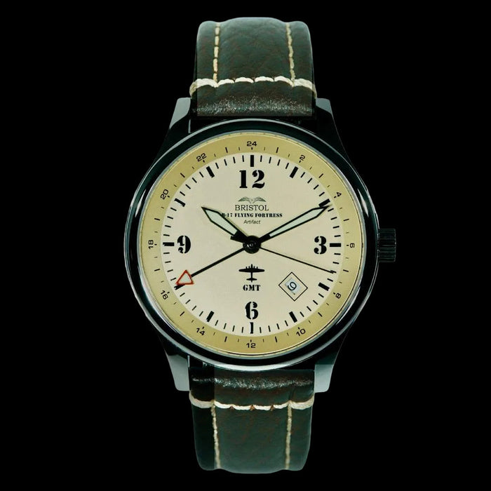 B-17 Flying Fortress tribute watch with polished stainless steel case, beige dial, and brown leather strap