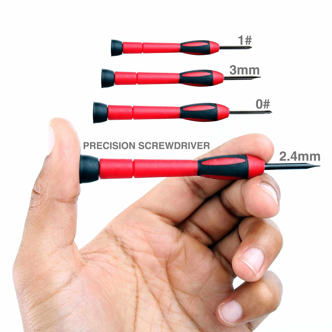Hand holding red and black precision screwdriver from 39 Piece General Tool Set for DIY repairs