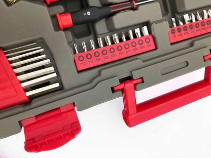 95 piece mechanics tool set with assorted sockets, wrenches, and pliers in a red and gray compact carrying case