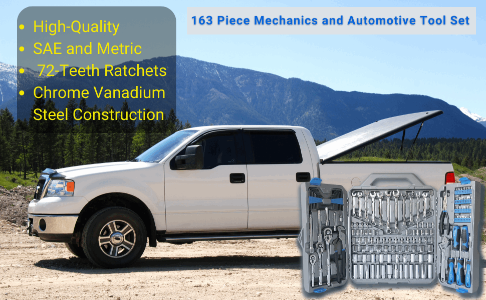 163 piece mechanics tool kit with metric and SAE sockets, wrenches, pliers, screwdrivers, and organized carrying case