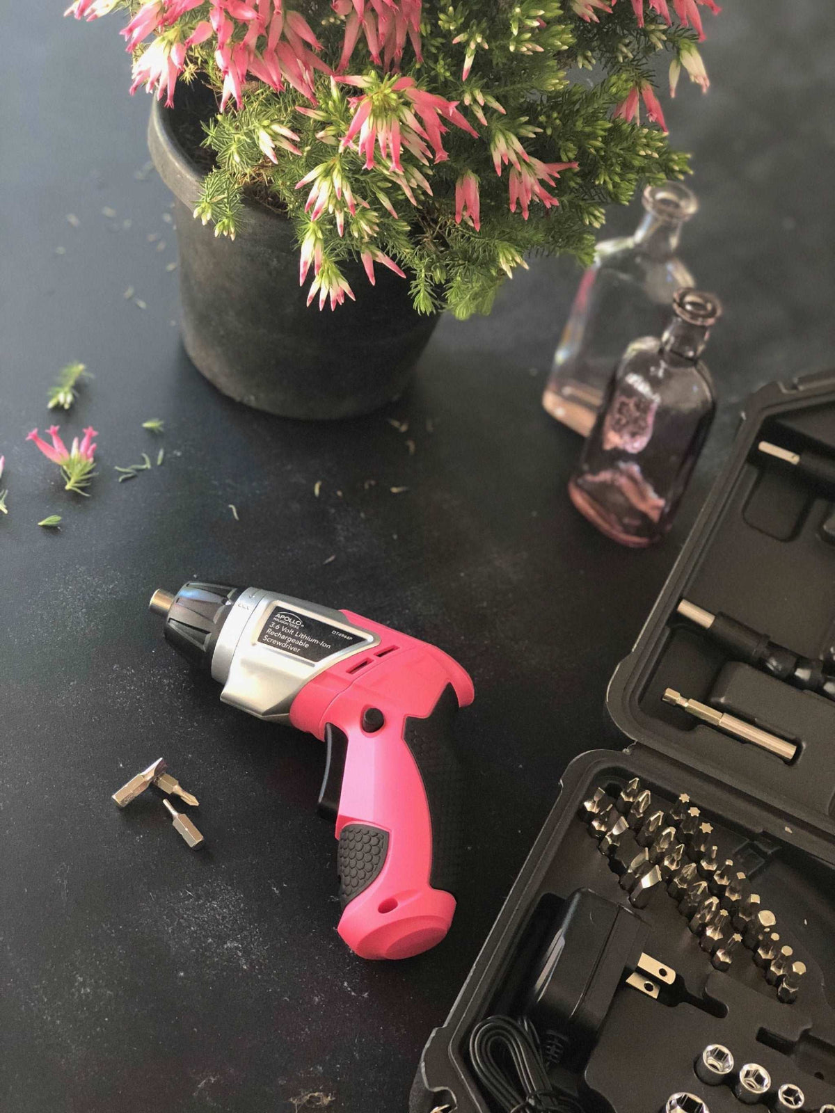 3.6 Volt Lithium-Ion Rechargeable Screwdriver with 45 Piece Accessory Set - Pink DT4944P - Prop and Piston