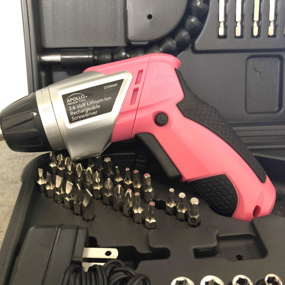 3.6 Volt Lithium-Ion Rechargeable Screwdriver with 45 Piece Accessory Set - Pink DT4944P - Prop and Piston